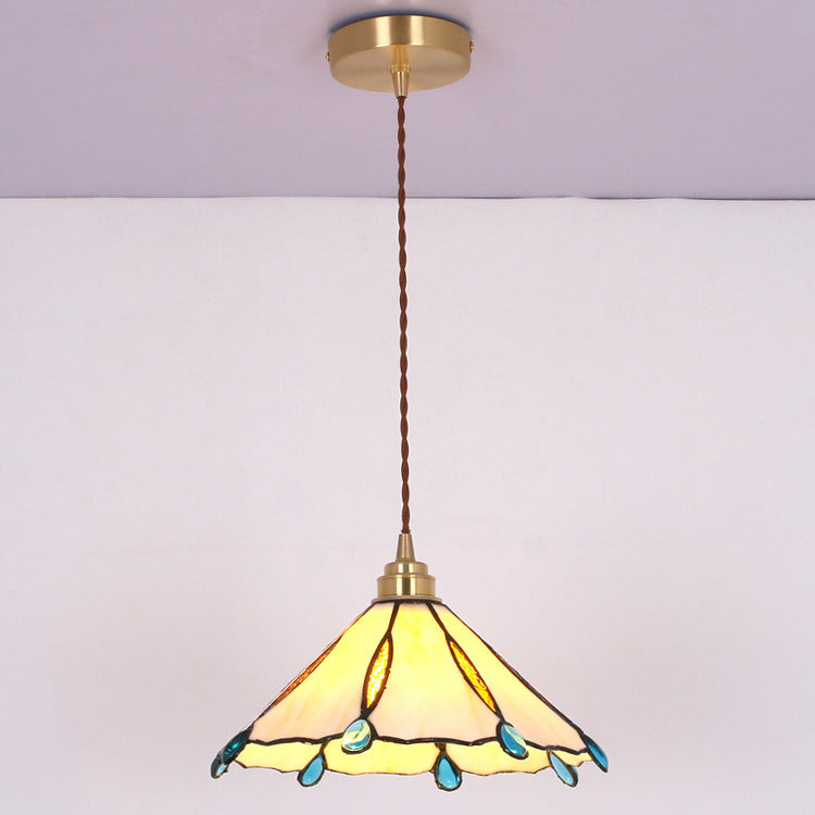 Contemporary Creative Conical Round Umbrella Glass Brass 1-Light Pendant Light For Living Room