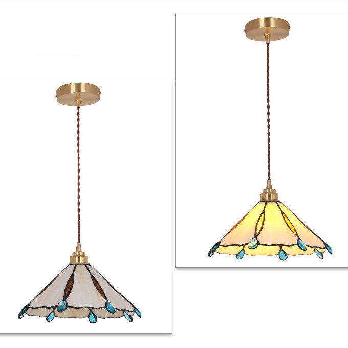 Contemporary Creative Conical Round Umbrella Glass Brass 1-Light Pendant Light For Living Room