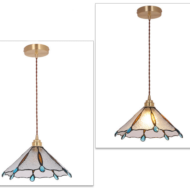 Contemporary Creative Conical Round Umbrella Glass Brass 1-Light Pendant Light For Living Room