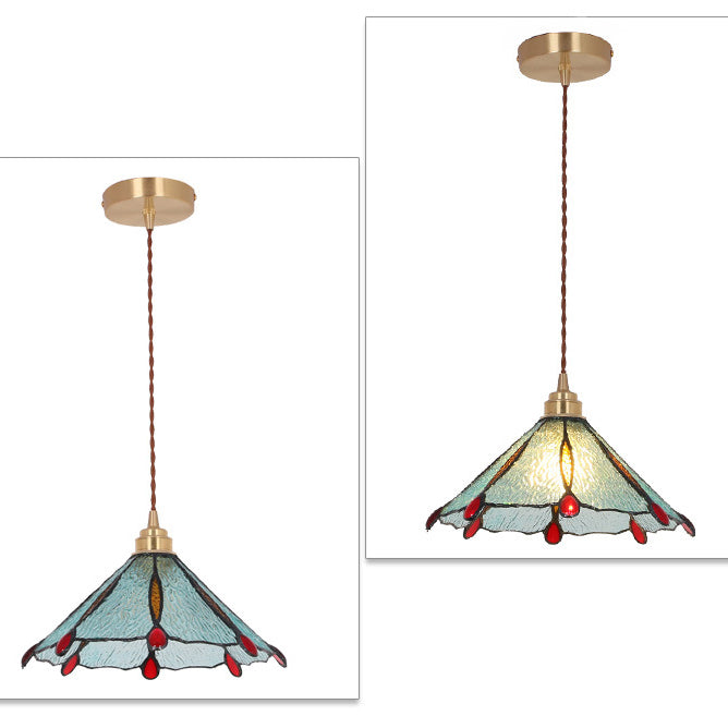 Contemporary Creative Conical Round Umbrella Glass Brass 1-Light Pendant Light For Living Room