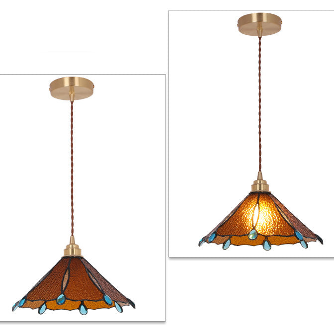 Contemporary Creative Conical Round Umbrella Glass Brass 1-Light Pendant Light For Living Room
