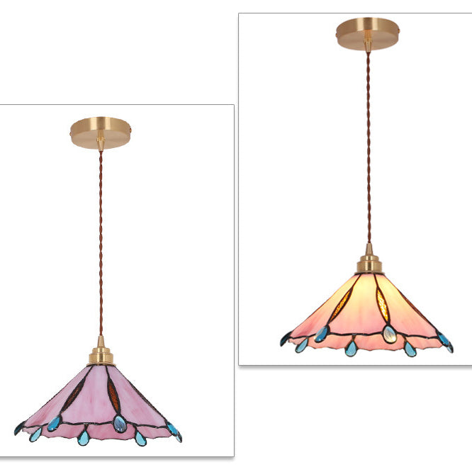 Contemporary Creative Conical Round Umbrella Glass Brass 1-Light Pendant Light For Living Room