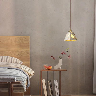 Traditional Japanese Skeleton Tapered Square Cement Marble Copper 1-Light Pendant Light For Living Room