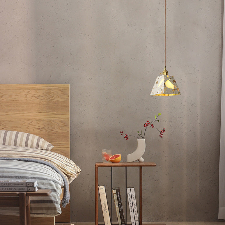 Traditional Japanese Skeleton Tapered Square Cement Marble Copper 1-Light Pendant Light For Living Room