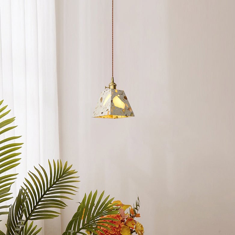Traditional Japanese Skeleton Tapered Square Cement Marble Copper 1-Light Pendant Light For Living Room