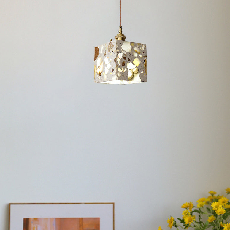 Traditional Japanese Skeleton Tapered Square Cement Marble Copper 1-Light Pendant Light For Living Room