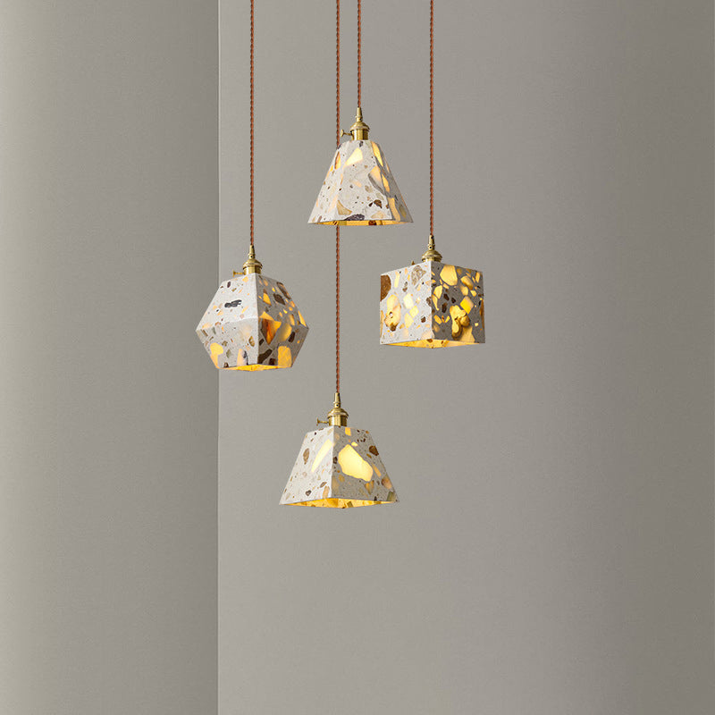 Traditional Japanese Skeleton Tapered Square Cement Marble Copper 1-Light Pendant Light For Living Room