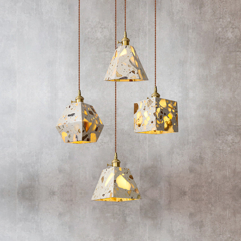 Traditional Japanese Skeleton Tapered Square Cement Marble Copper 1-Light Pendant Light For Living Room