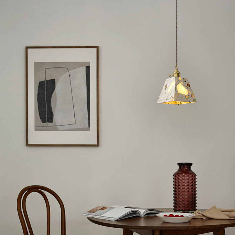 Traditional Japanese Skeleton Tapered Square Cement Marble Copper 1-Light Pendant Light For Living Room