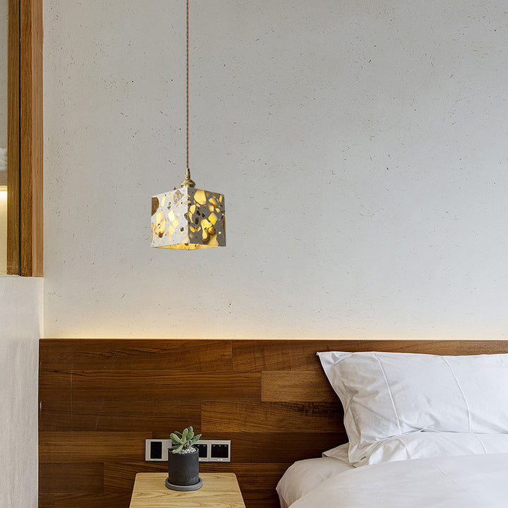 Traditionelle japanische Skelett-kegelförmige quadratische Zement-Marmor-Kupfer 1-Licht Pendelleuchte für das Wohnzimmer 