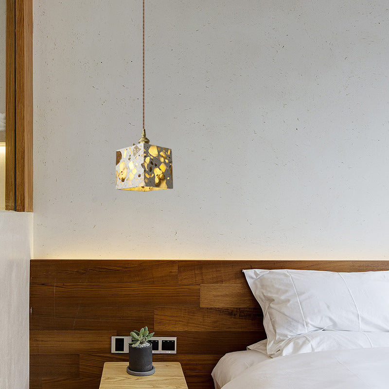 Traditional Japanese Skeleton Tapered Square Cement Marble Copper 1-Light Pendant Light For Living Room