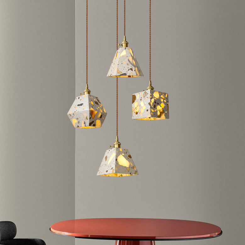 Traditional Japanese Skeleton Tapered Square Cement Marble Copper 1-Light Pendant Light For Living Room