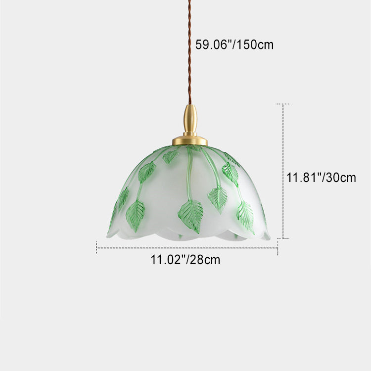 Traditional Vintage Green Leaf Round Glass Brass 1-Light Pendant Light For Living Room