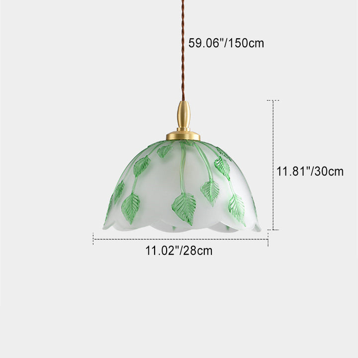 Traditional Vintage Green Leaf Round Glass Brass 1-Light Pendant Light For Living Room