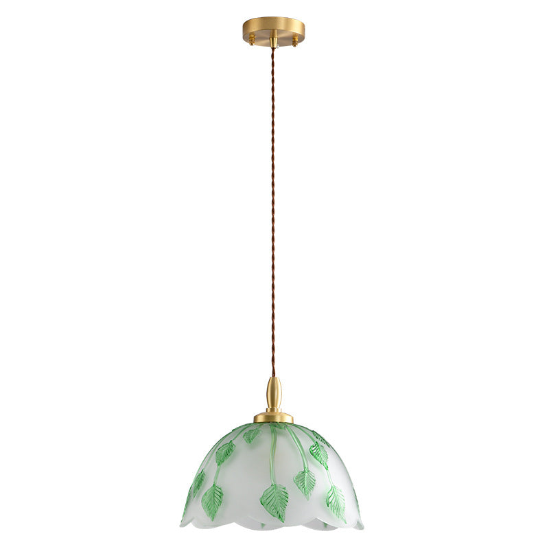 Traditional Vintage Green Leaf Round Glass Brass 1-Light Pendant Light For Living Room