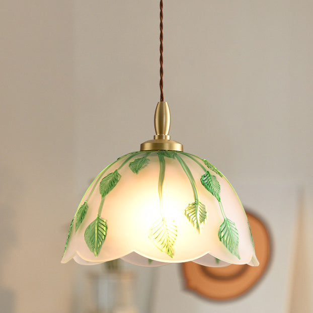 Traditional Vintage Green Leaf Round Glass Brass 1-Light Pendant Light For Living Room