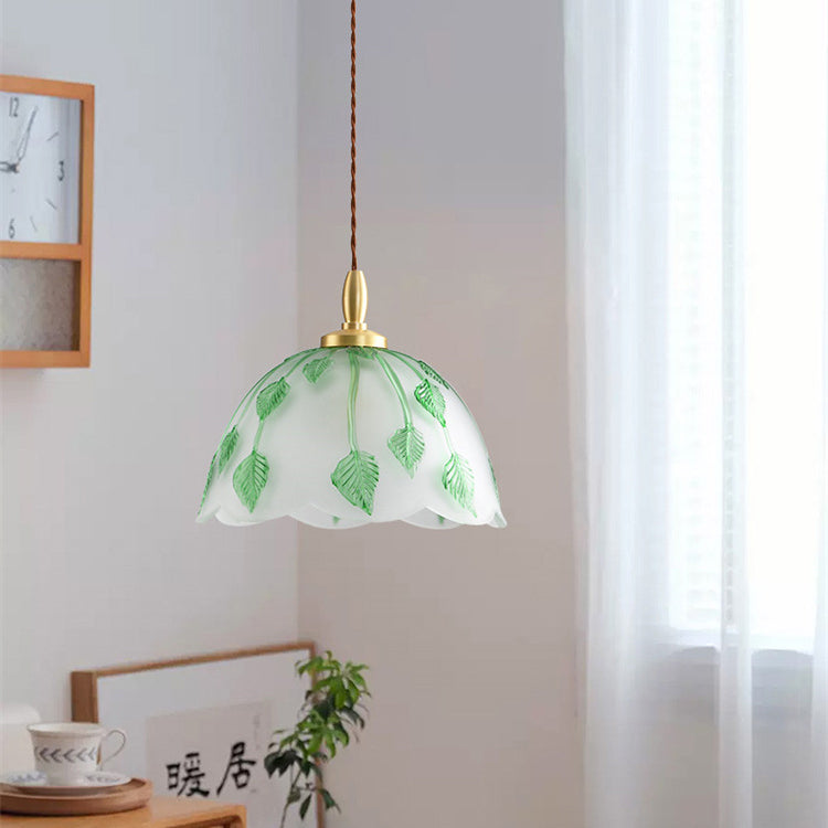 Traditional Vintage Green Leaf Round Glass Brass 1-Light Pendant Light For Living Room