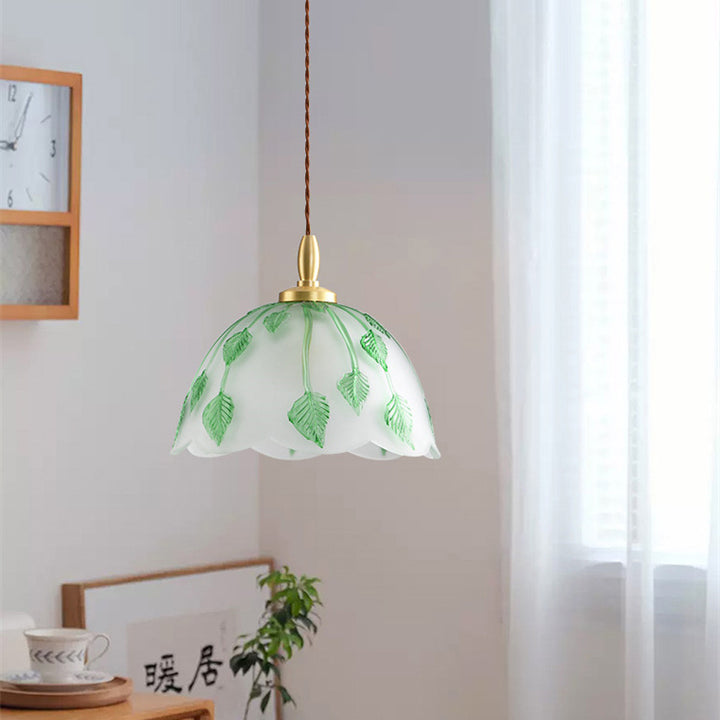 Traditional Vintage Green Leaf Round Glass Brass 1-Light Pendant Light For Living Room