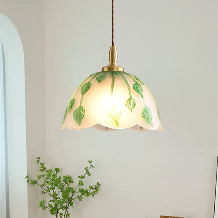Traditional Vintage Green Leaf Round Glass Brass 1-Light Pendant Light For Living Room