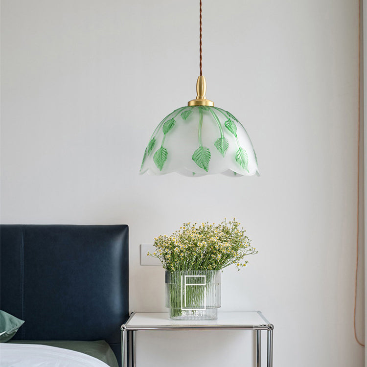 Traditional Vintage Green Leaf Round Glass Brass 1-Light Pendant Light For Living Room