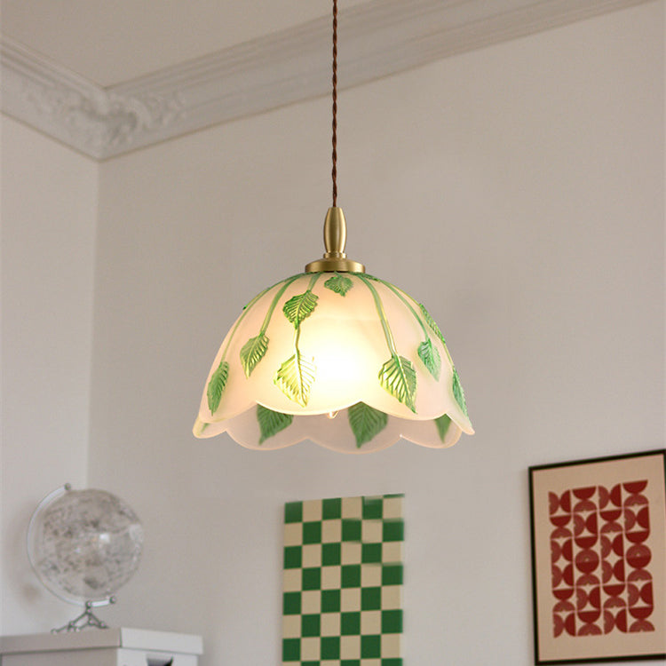 Traditional Vintage Green Leaf Round Glass Brass 1-Light Pendant Light For Living Room