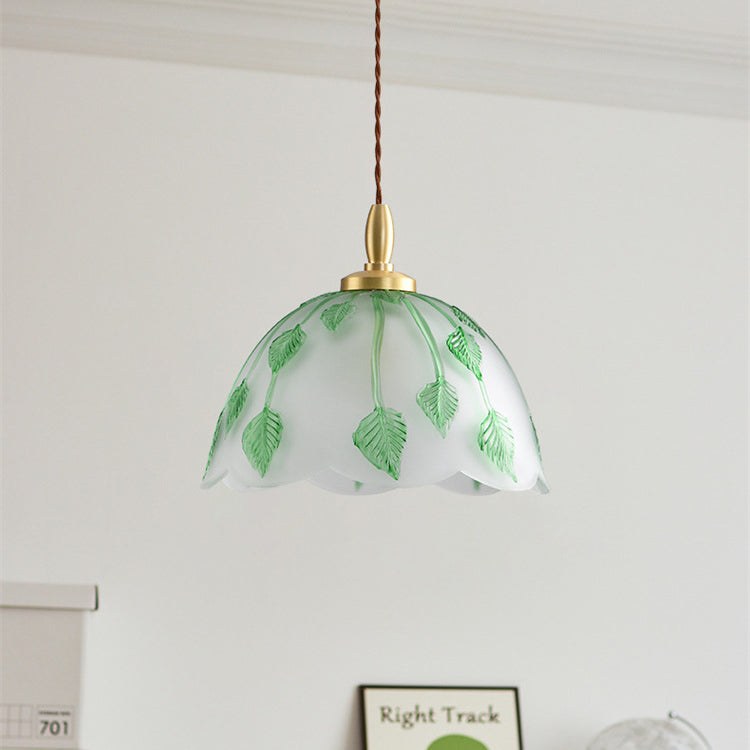 Traditional Vintage Green Leaf Round Glass Brass 1-Light Pendant Light For Living Room