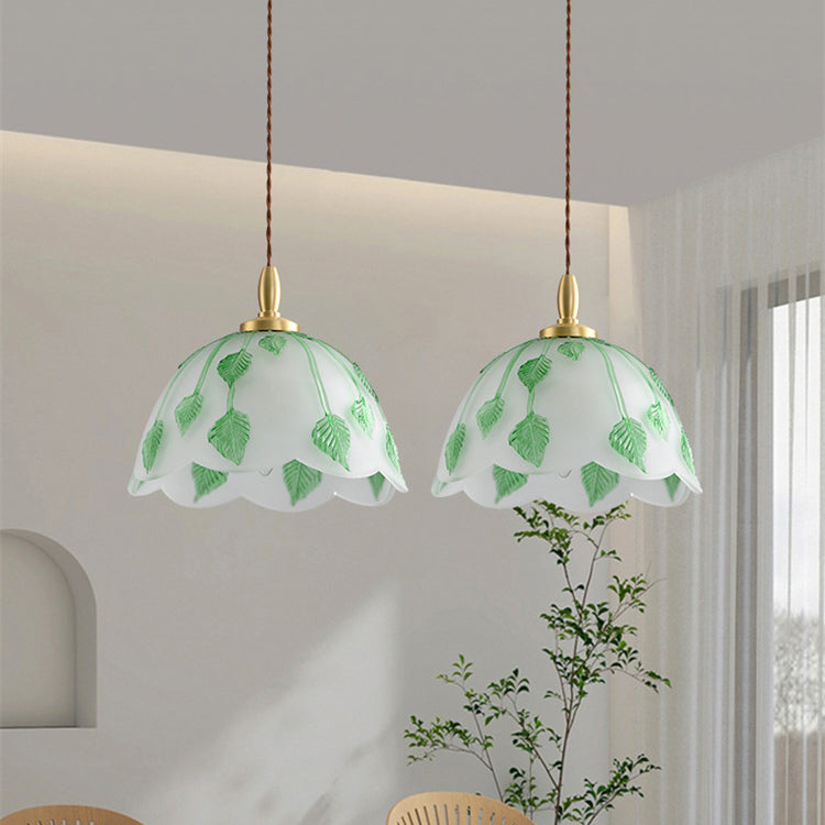 Traditional Vintage Green Leaf Round Glass Brass 1-Light Pendant Light For Living Room