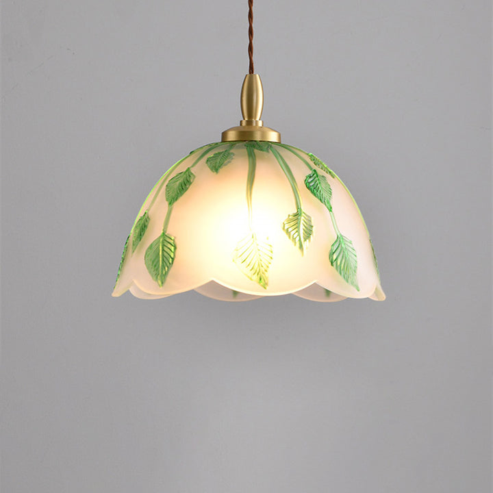 Traditional Vintage Green Leaf Round Glass Brass 1-Light Pendant Light For Living Room