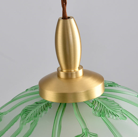 Traditional Vintage Green Leaf Round Glass Brass 1-Light Pendant Light For Living Room