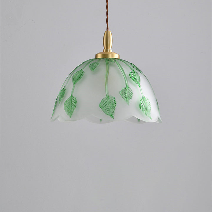 Traditional Vintage Green Leaf Round Glass Brass 1-Light Pendant Light For Living Room