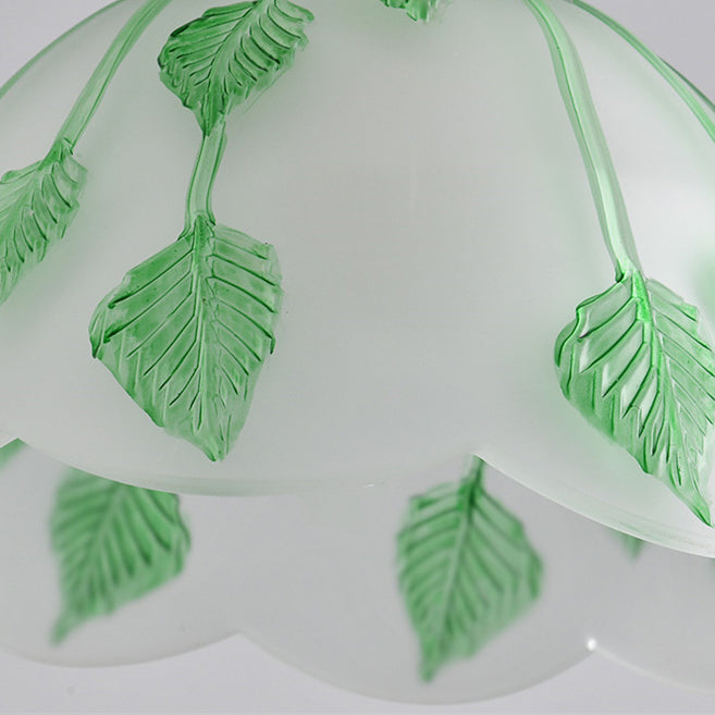 Traditional Vintage Green Leaf Round Glass Brass 1-Light Pendant Light For Living Room