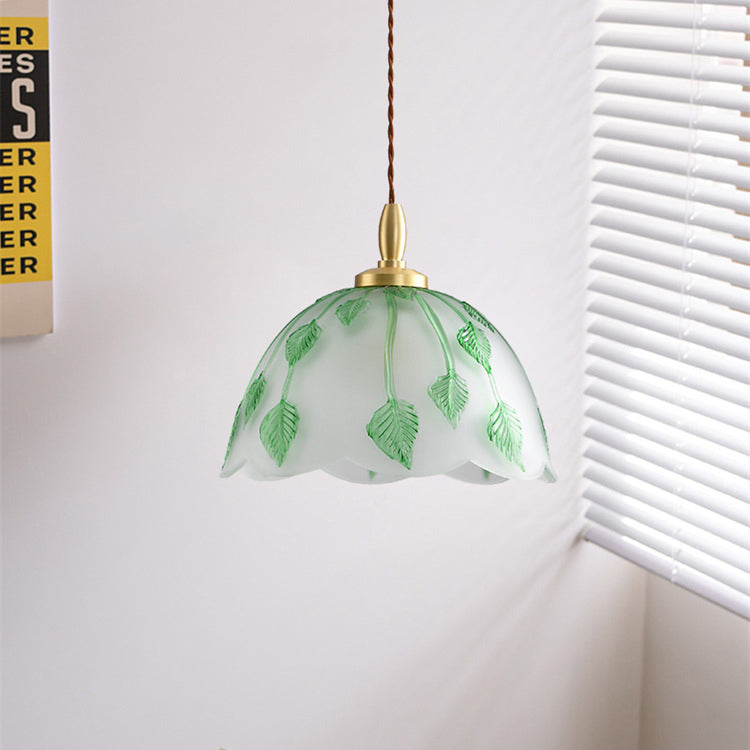 Traditional Vintage Green Leaf Round Glass Brass 1-Light Pendant Light For Living Room