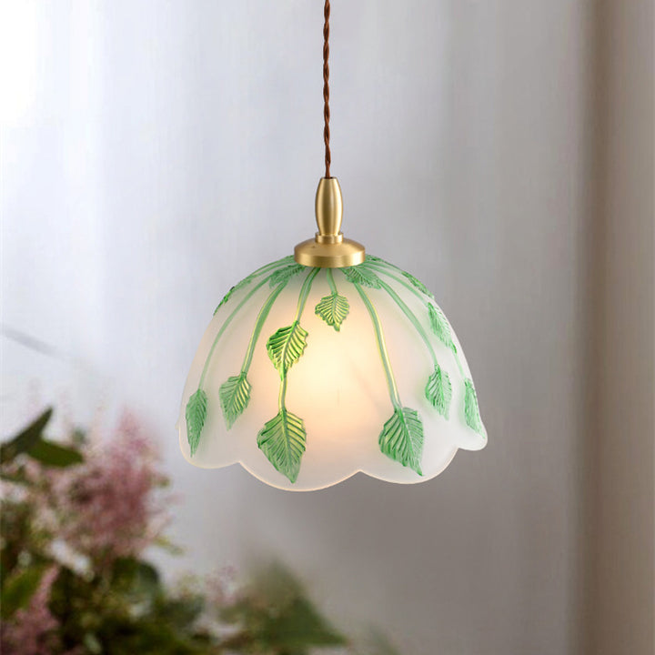 Traditional Vintage Green Leaf Round Glass Brass 1-Light Pendant Light For Living Room
