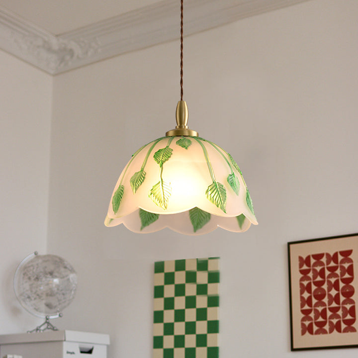 Traditional Vintage Green Leaf Round Glass Brass 1-Light Pendant Light For Living Room