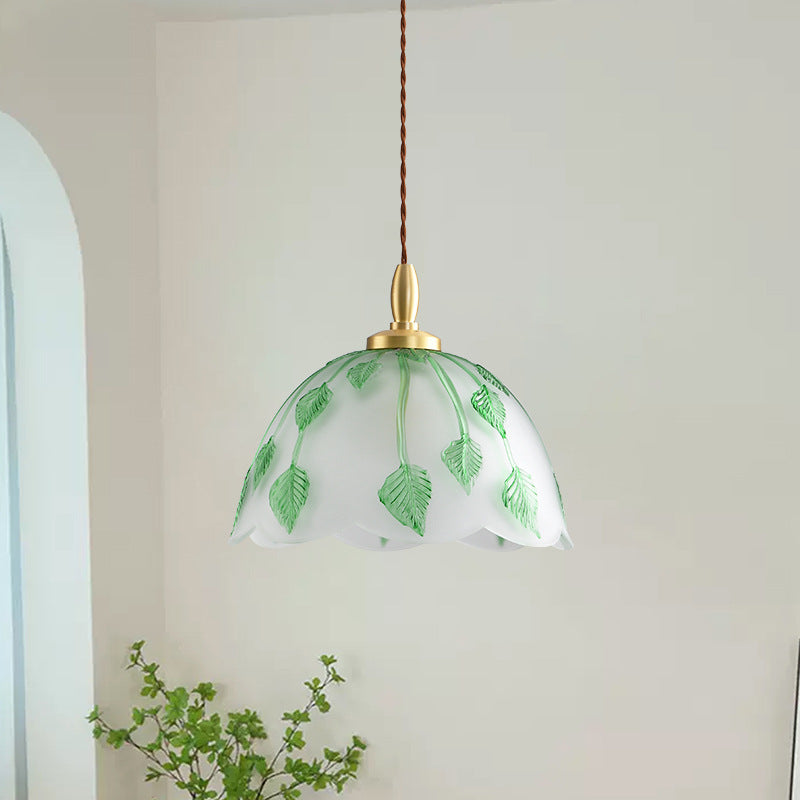 Traditional Vintage Green Leaf Round Glass Brass 1-Light Pendant Light For Living Room