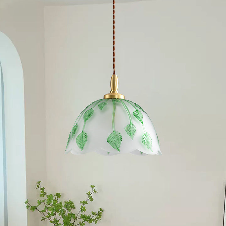 Traditional Vintage Green Leaf Round Glass Brass 1-Light Pendant Light For Living Room