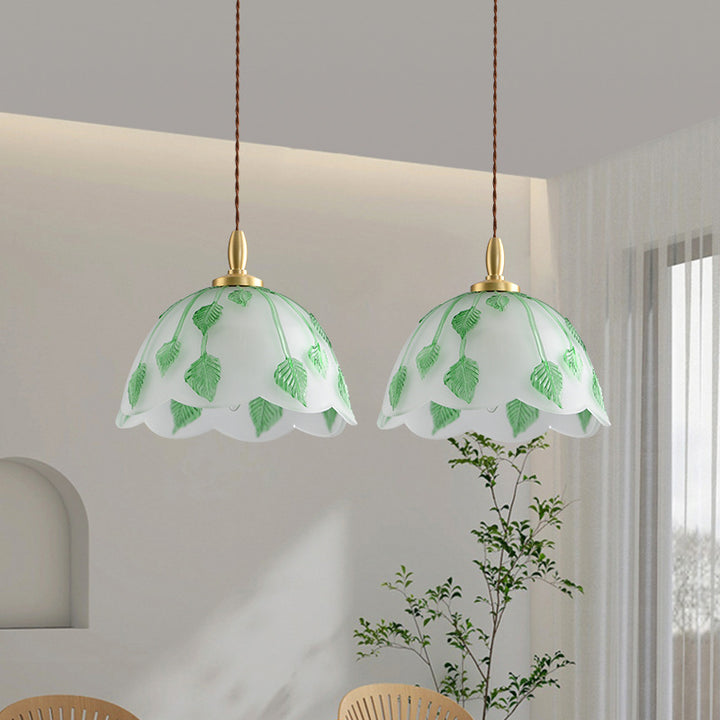 Traditional Vintage Green Leaf Round Glass Brass 1-Light Pendant Light For Living Room