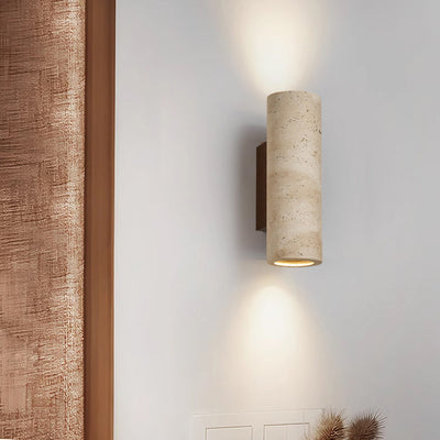 Aplique de pared de 2 luces de madera maciza de travertino amarillo hueco en forma de cilindro rectangular japonés tradicional para dormitorio 