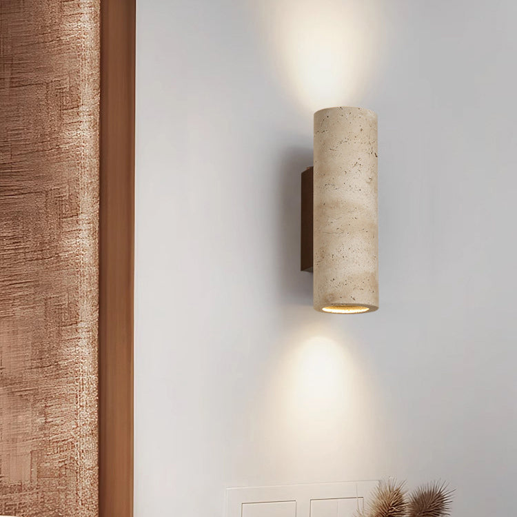 Aplique de pared de 2 luces de madera maciza de travertino amarillo hueco en forma de cilindro rectangular japonés tradicional para dormitorio 