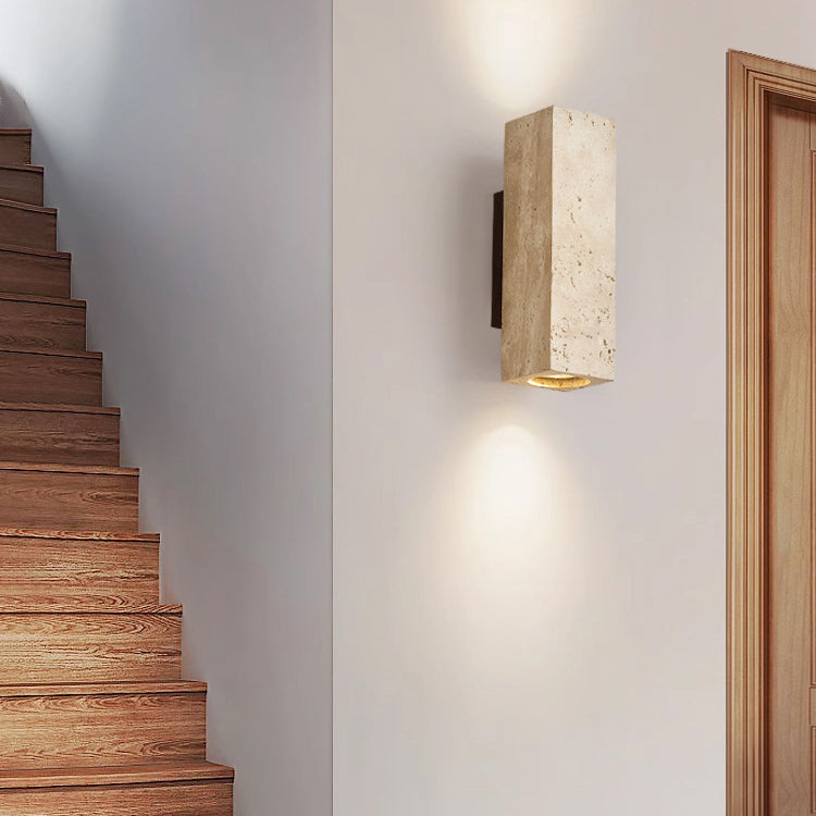 Aplique de pared de 2 luces de madera maciza de travertino amarillo hueco en forma de cilindro rectangular japonés tradicional para dormitorio 