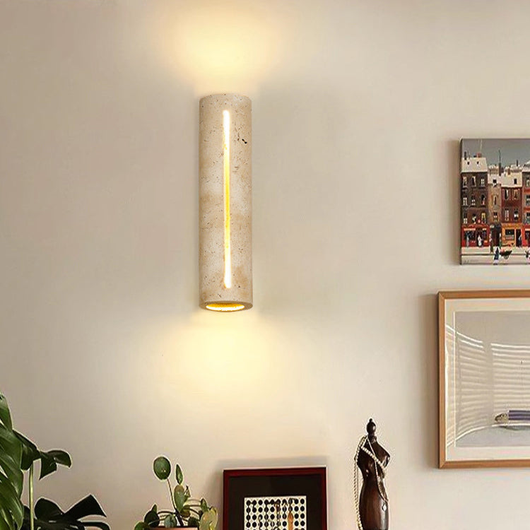 Aplique de pared de 2 luces de madera maciza de travertino amarillo hueco en forma de cilindro rectangular japonés tradicional para dormitorio 