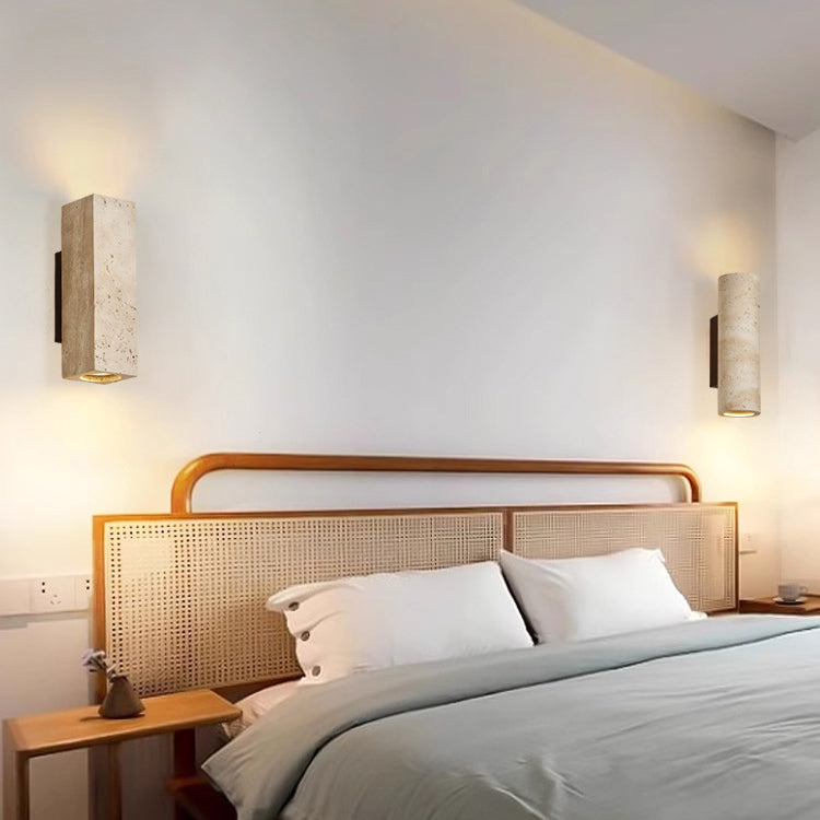 Aplique de pared de 2 luces de madera maciza de travertino amarillo hueco en forma de cilindro rectangular japonés tradicional para dormitorio 