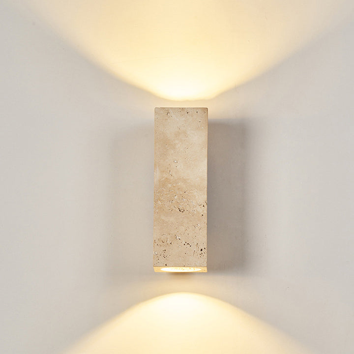 Traditional Japanese Rectangle Cylinder Hollowed Out Yellow Travertine Solid Wood 2-Light Wall Sconce Lamp For Bedroom