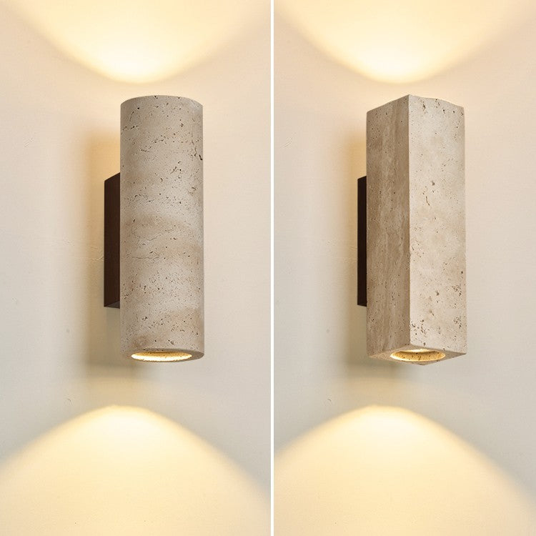 Aplique de pared de 2 luces de madera maciza de travertino amarillo hueco en forma de cilindro rectangular japonés tradicional para dormitorio 