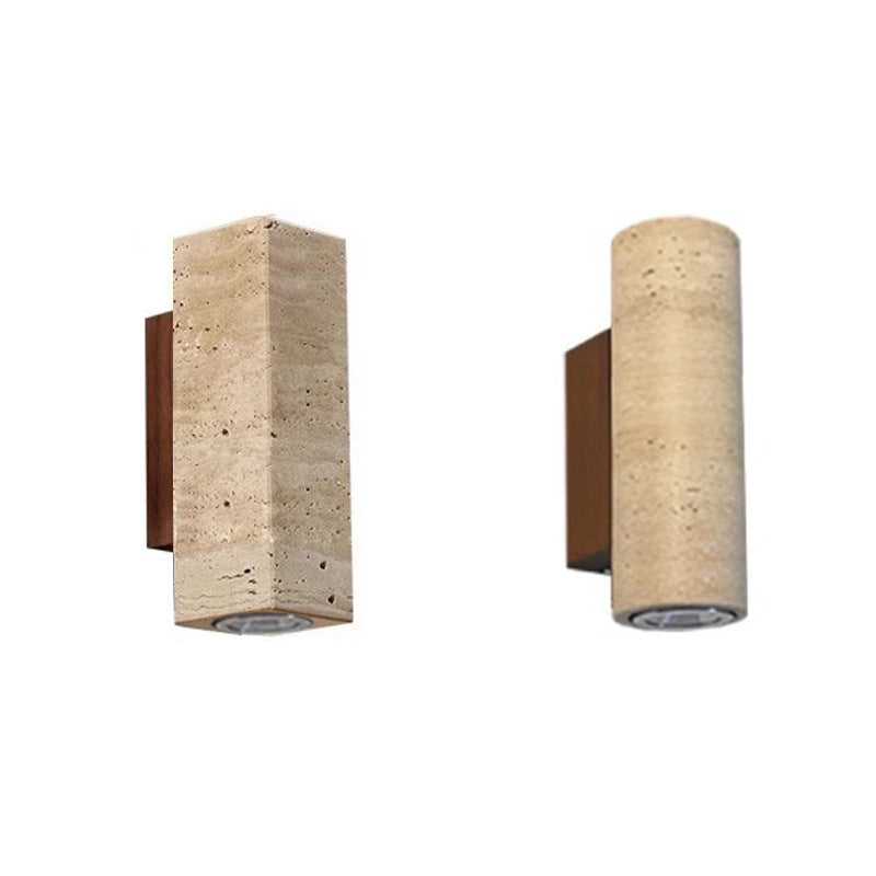 Aplique de pared de 2 luces de madera maciza de travertino amarillo hueco en forma de cilindro rectangular japonés tradicional para dormitorio 