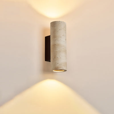 Aplique de pared de 2 luces de madera maciza de travertino amarillo hueco en forma de cilindro rectangular japonés tradicional para dormitorio 