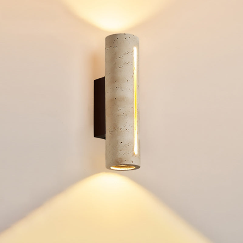 Aplique de pared de 2 luces de madera maciza de travertino amarillo hueco en forma de cilindro rectangular japonés tradicional para dormitorio 