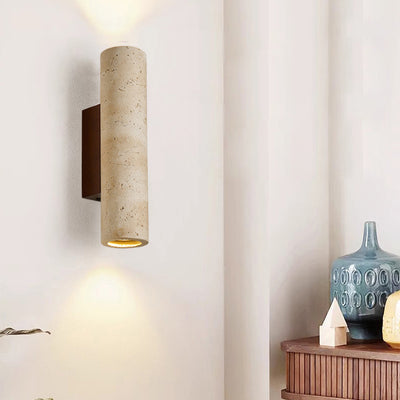 Aplique de pared de 2 luces de madera maciza de travertino amarillo hueco en forma de cilindro rectangular japonés tradicional para dormitorio 