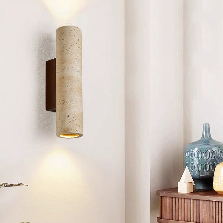 Aplique de pared de 2 luces de madera maciza de travertino amarillo hueco en forma de cilindro rectangular japonés tradicional para dormitorio 