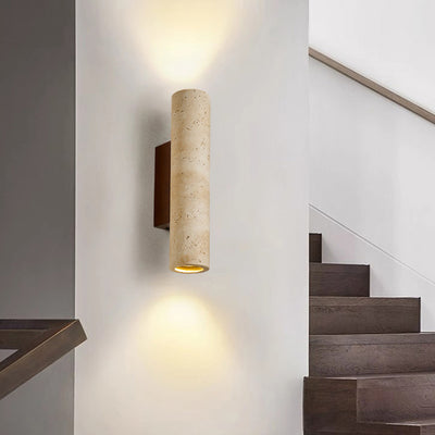Aplique de pared de 2 luces de madera maciza de travertino amarillo hueco en forma de cilindro rectangular japonés tradicional para dormitorio 